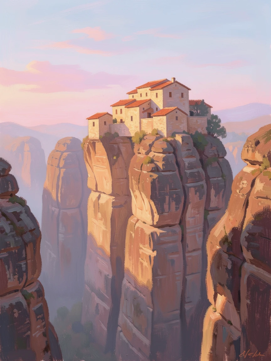 A cliffside monastery in Meteora, Greece, perched dramatically atop towering rock pillars at sunset.