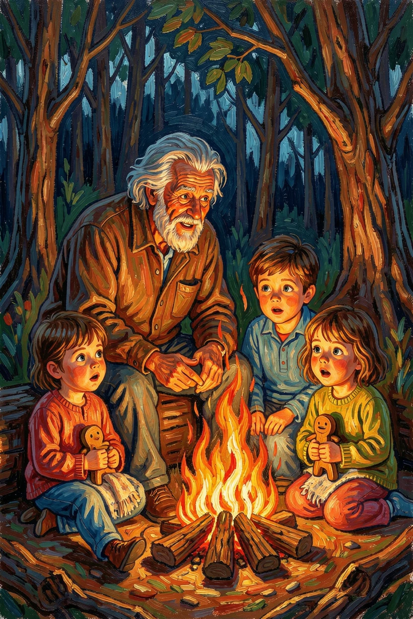 A wise grandfather telling a story to wide-eyed grandchildren gathered by a fire.