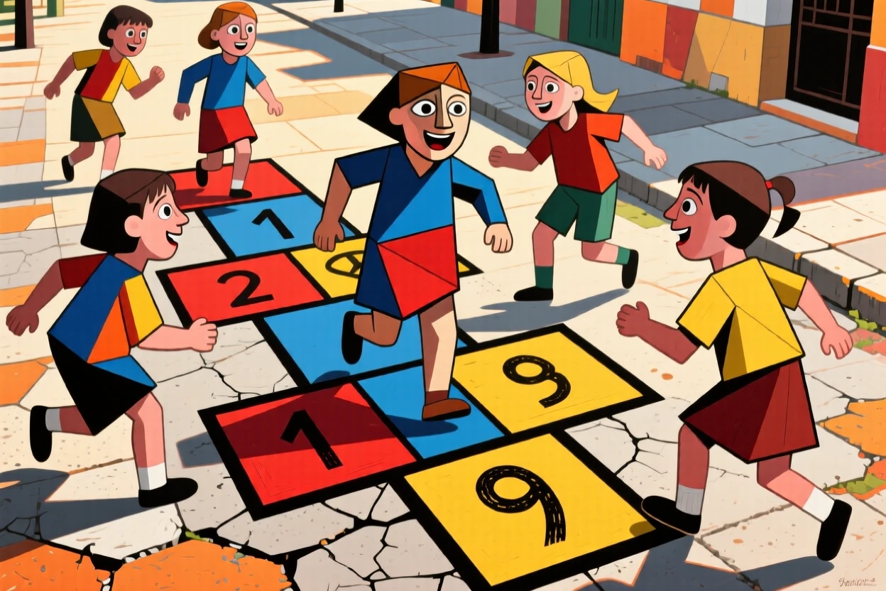 A group of children playing hopscotch on a sunlit sidewalk.
