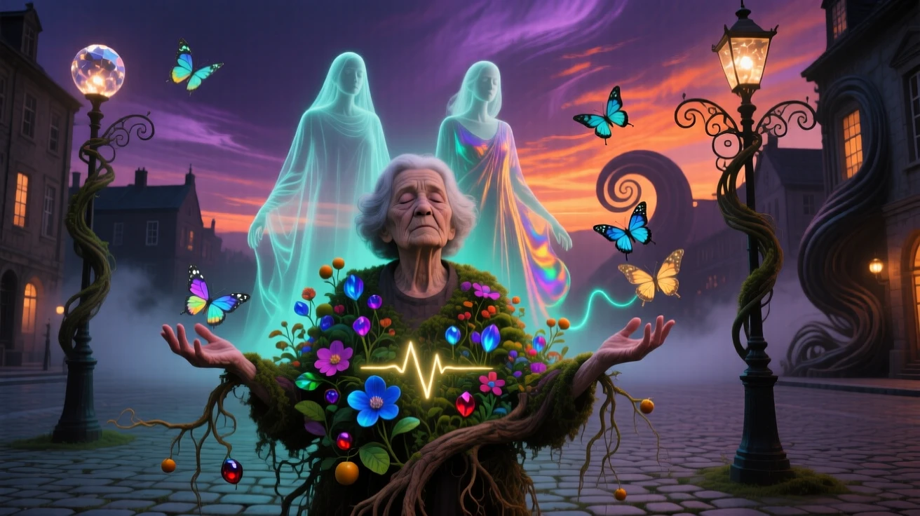 An elderly woman with a garden growing from her open palms stands motionless at the center of a quiet plaza, while a second, ghostly version of them lingers behind.