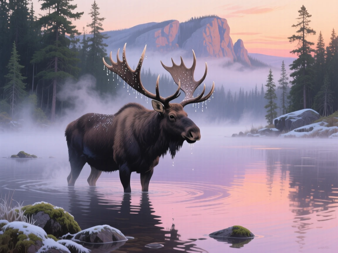 A majestic moose wades through a misty lake in Canada at dawn, its massive antlers dripping with water as steam rises around its silhouette, the surrounding habitat rendered in enough detail to suggest a specific time and place.