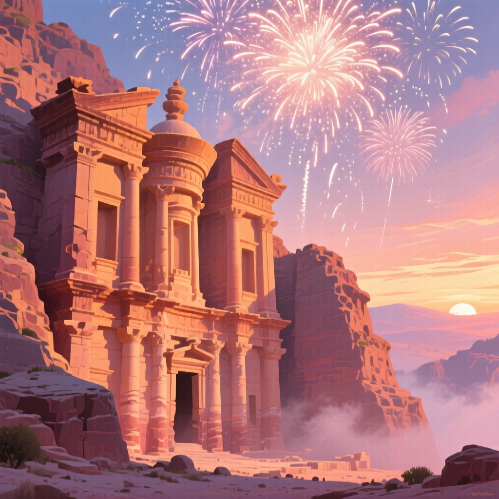 Petra's ancient facade glowing rose-gold at sunrise, as fireworks burst overhead, a soft haze giving the scene a dreamlike quality