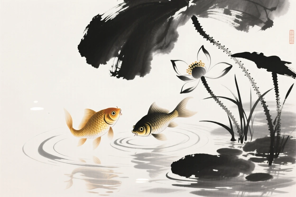 Two goldfish circle slowly around a cluster of water lilies, as sunlight dapples the water's surface.