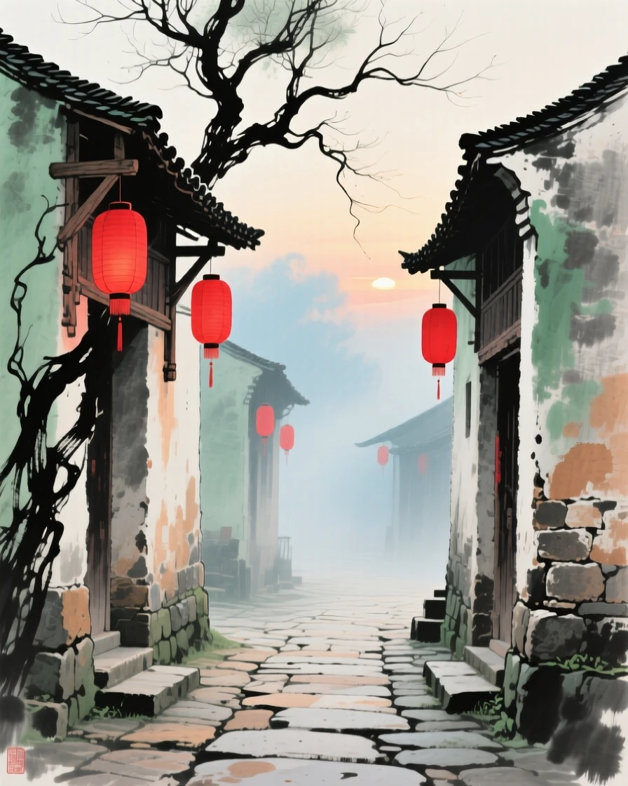 A row of red lanterns hanging along an old village lane, suffused with quiet joy, at dawn.
