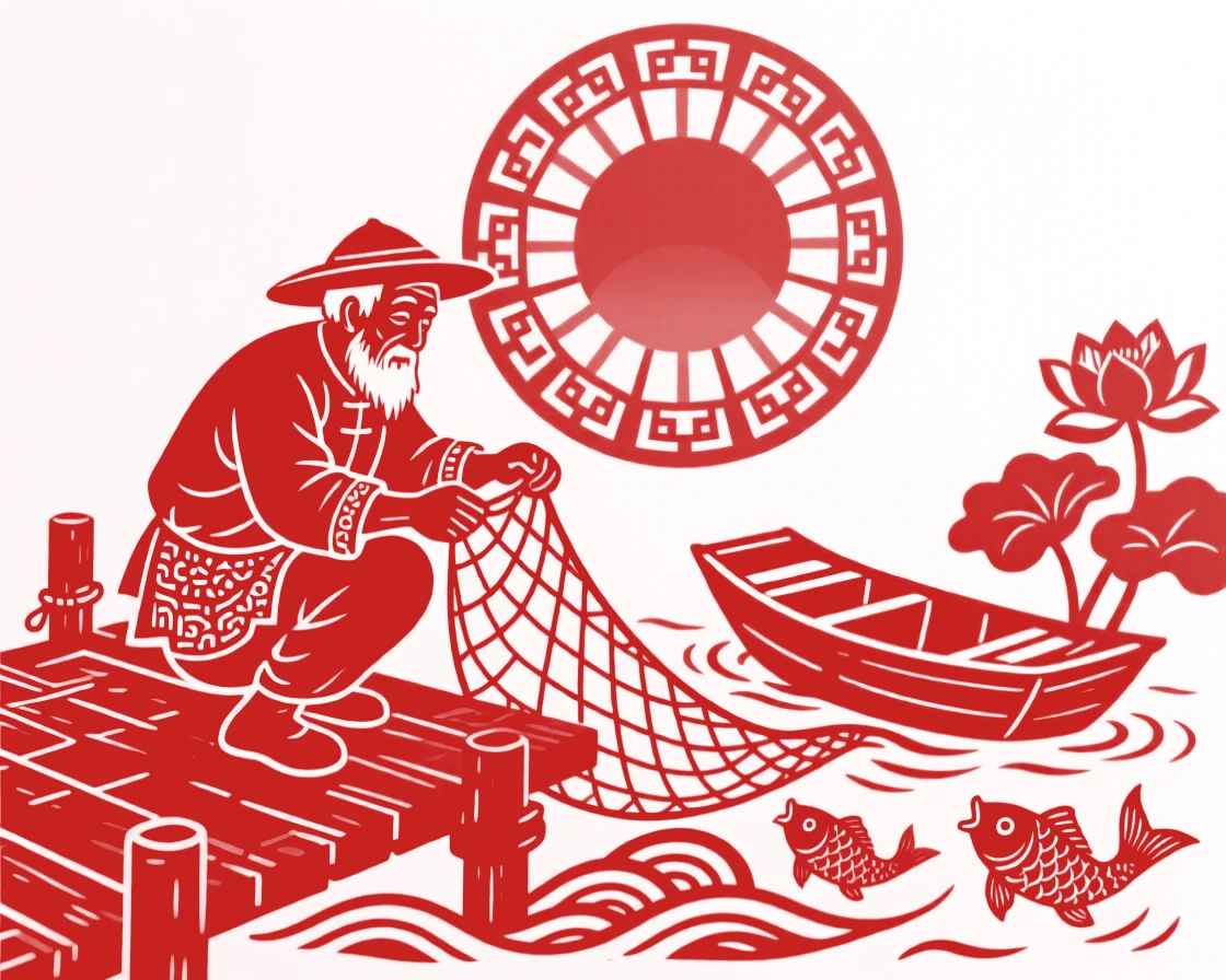 An old fisherman mending his net on a wooden dock at sunrise, his small boat rocking gently beside him