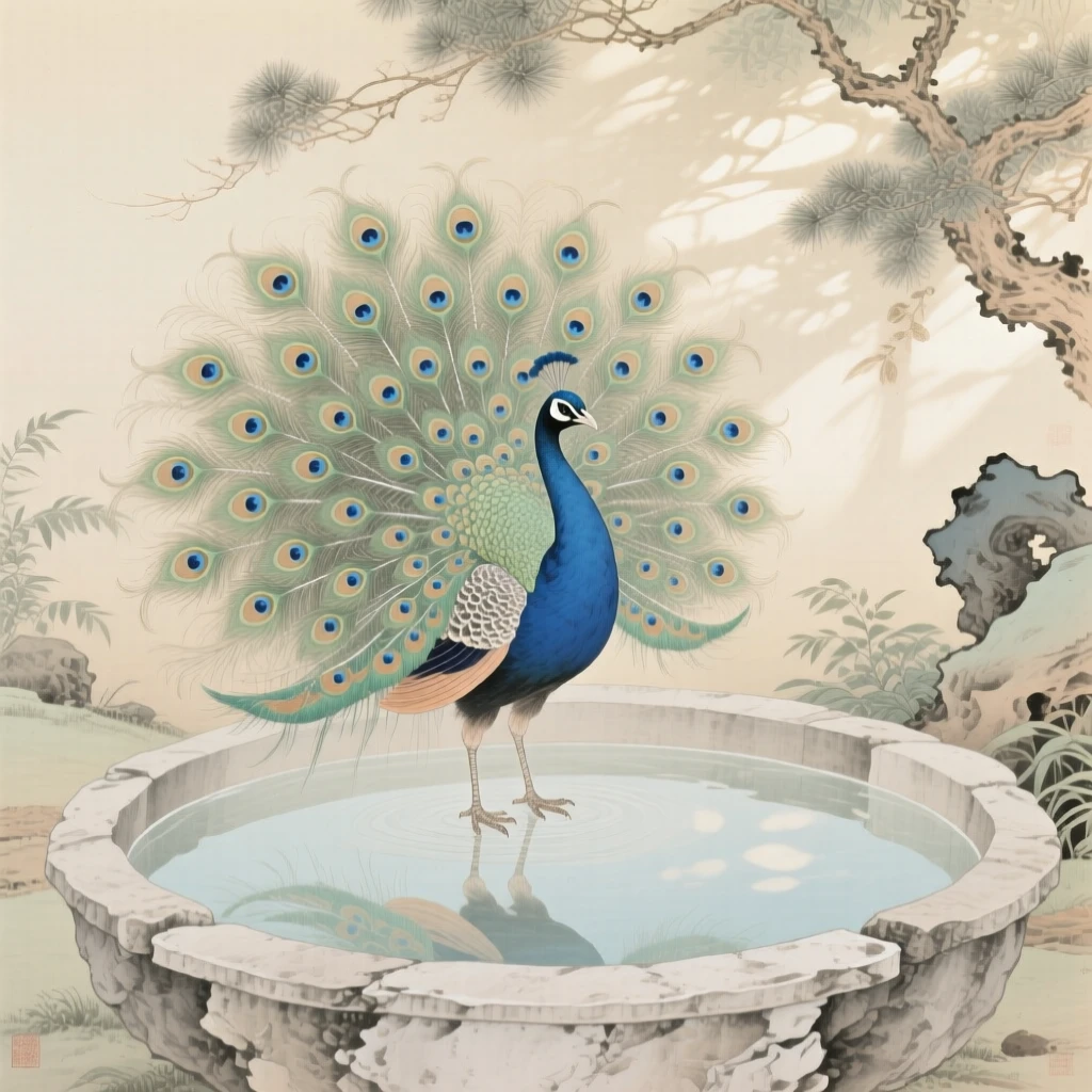 A peacock with its tail fanned open bathing in a stone garden basin, soft morning light filtering through the branches