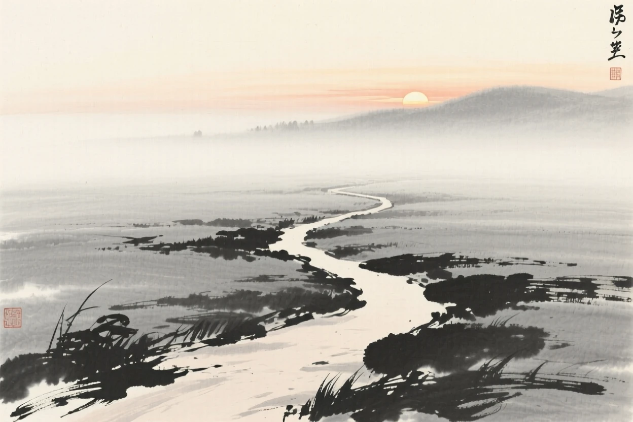 A quiet path disappearing into distant fog in the fading light of late afternoon, composed with vast open space to emphasize solitude, conveying a poetic sense of calm and reflection.