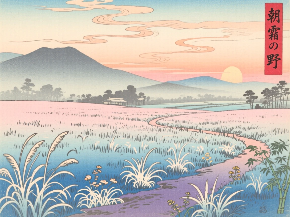 A frost-covered meadow at first light with distant mountains fading into haze.