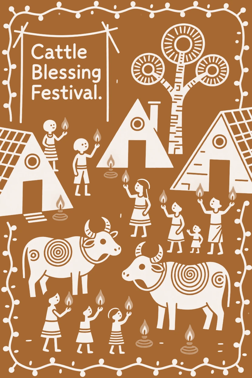 A cattle-blessing festival celebrated as families light lamps outside their homes.
