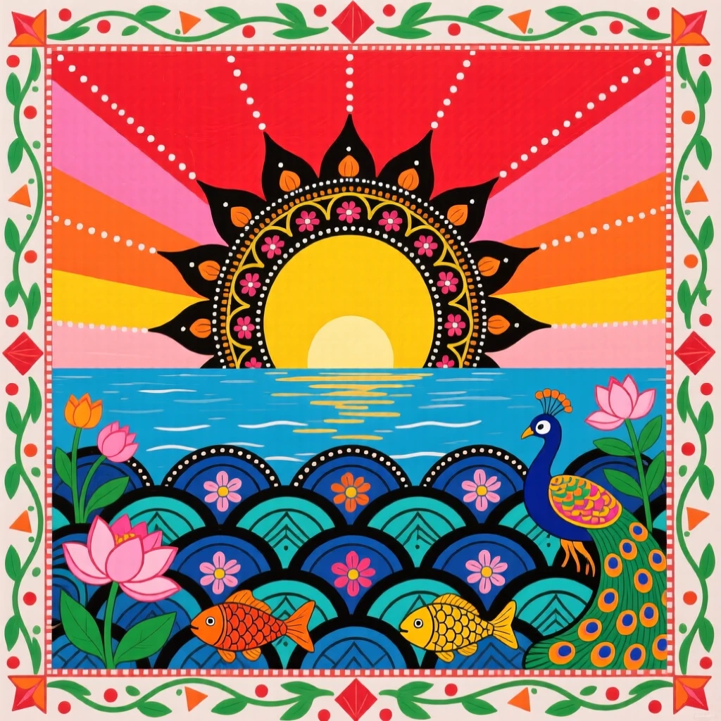 The sun rising over a calm sea, painting the sky in warm color.
