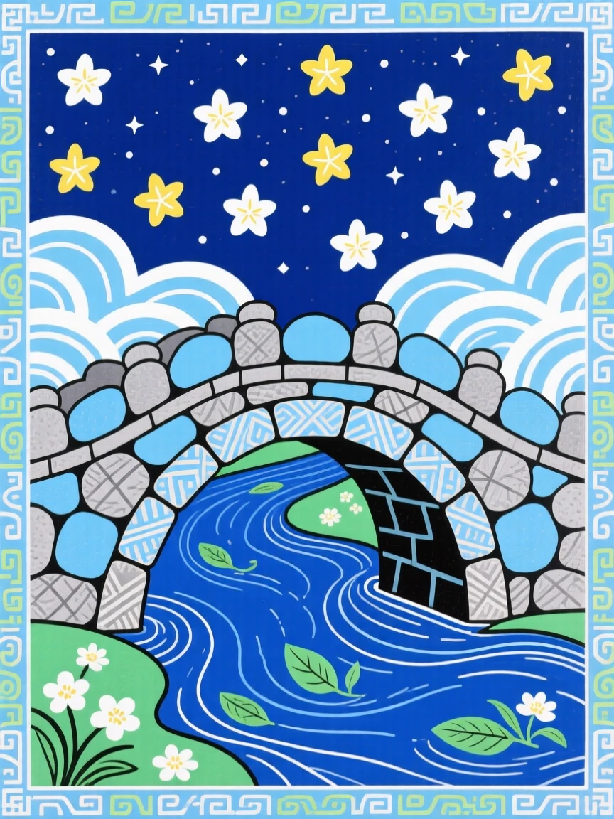 A view of a stone bridge arching over a quiet stream, beneath a sky full of stars.