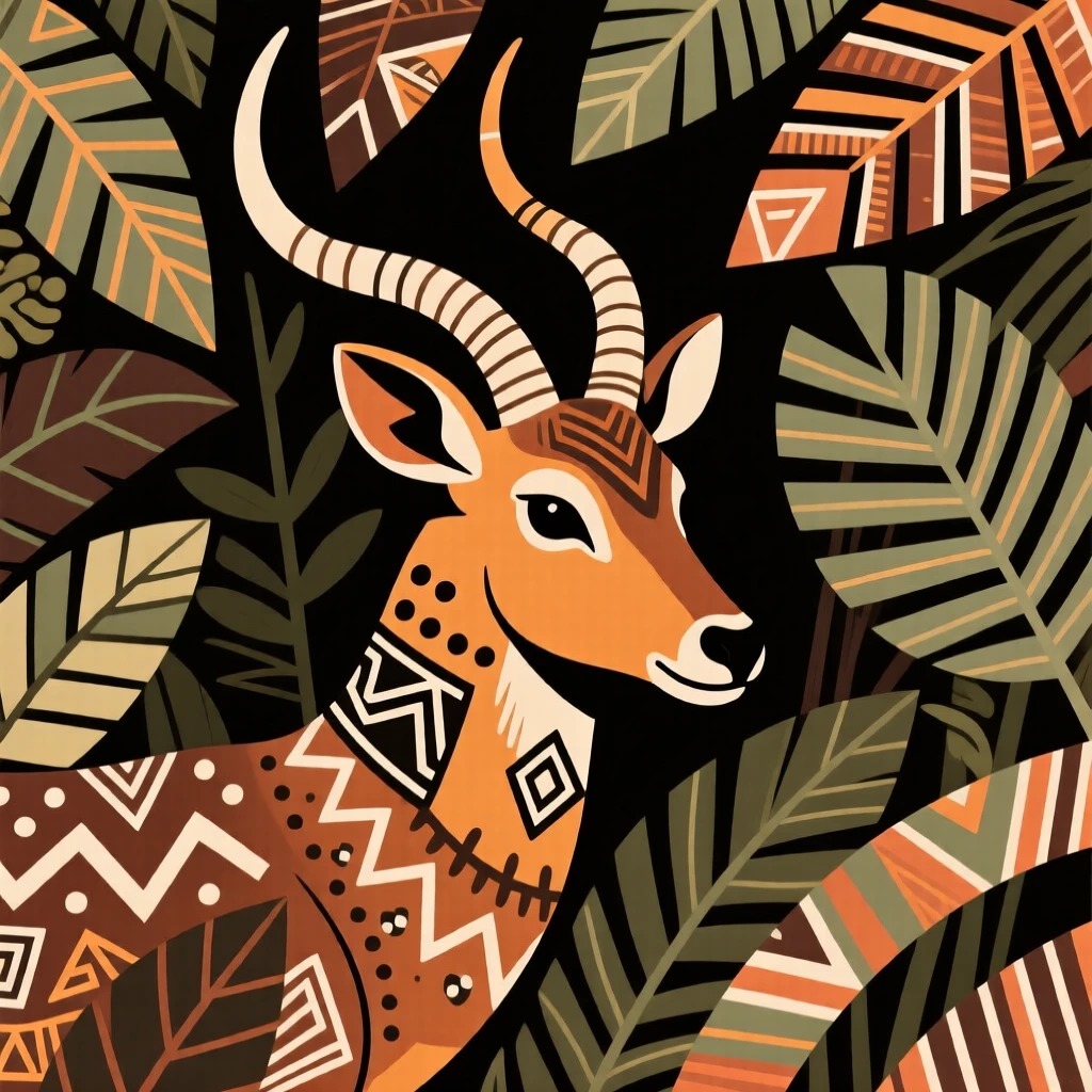 A bushbuck peering out from thick foliage.