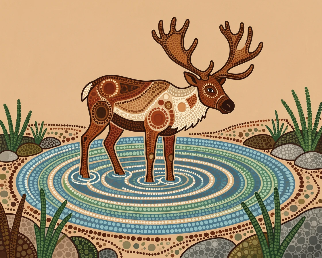 A caribou bathing in a shallow river