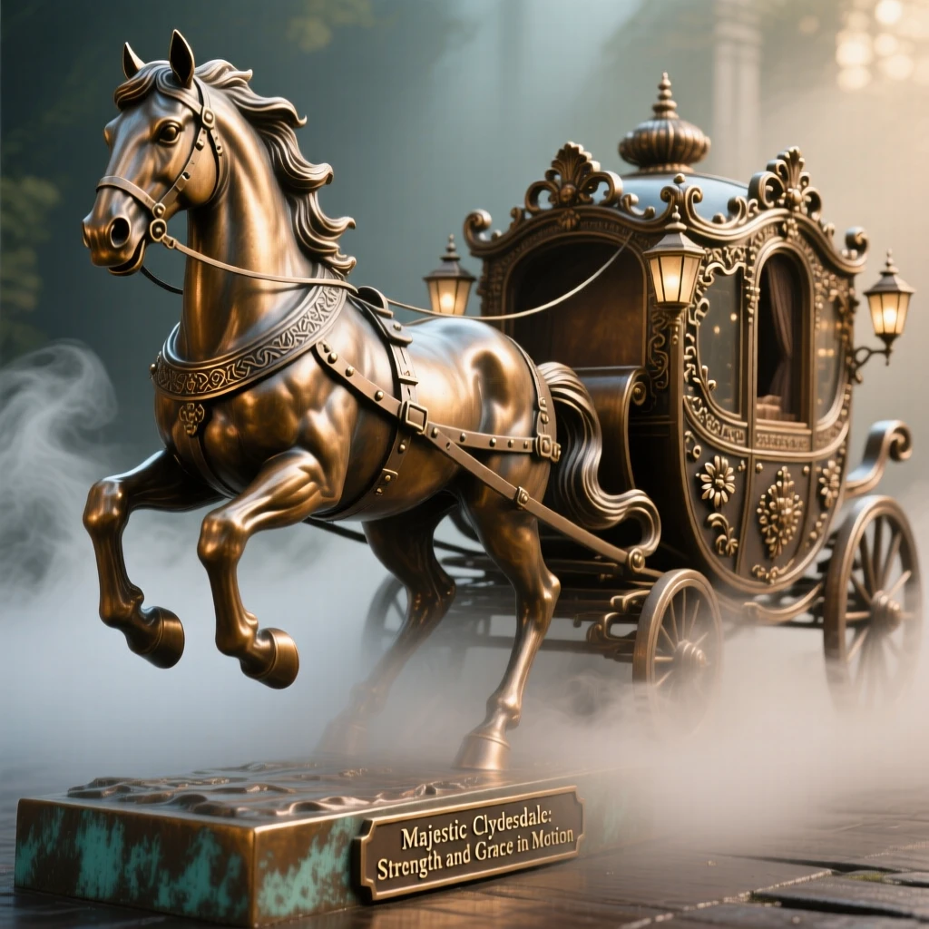 A majestic clydesdale horse pulling a decorated carriage, surrounded by atmospheric mist and light, evoking wonder and majesty
