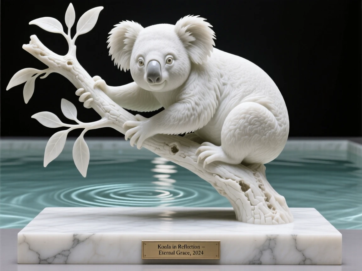 A striking close-up of a koala clinging to a eucalyptus branch, full of life and grace, reflected in still, glassy water