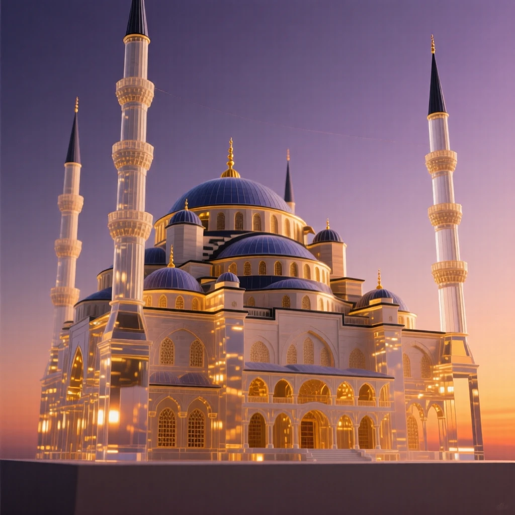 The Blue Mosque's domes and minarets, viewed from a dramatic low angle under a vivid sunset sky, warm golden light highlighting every architectural detail, awe-inspiring and grand.