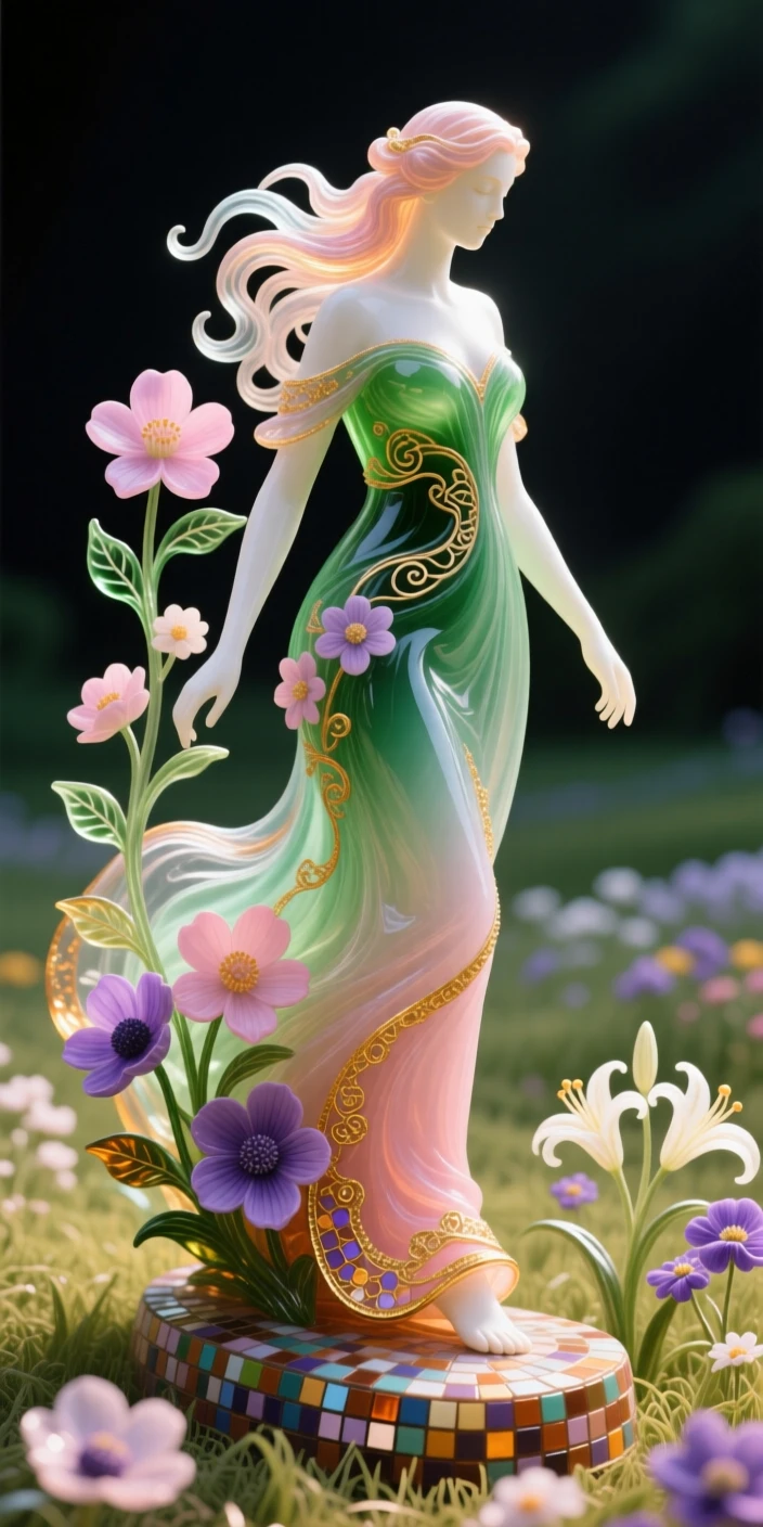 Persephone walking through a field where flowers bloom in her footsteps, symbolic and gentle.