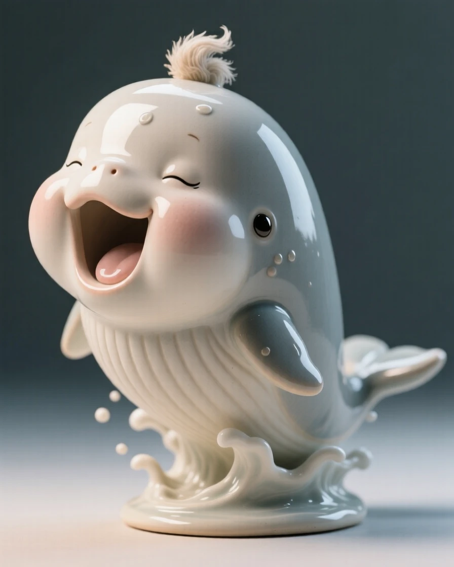 A chubby baby whale breaching playfully captured mid-yawn in a sleepy, sweet moment, with a small, endearing tuft of fluff, stirring an overwhelming urge to smile.