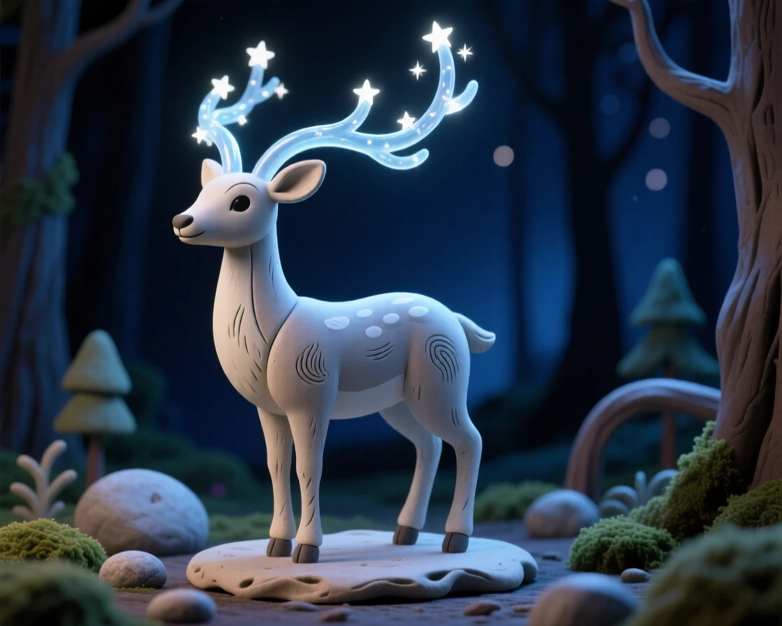 A celestial deer with antlers made of starlight in a midnight forest