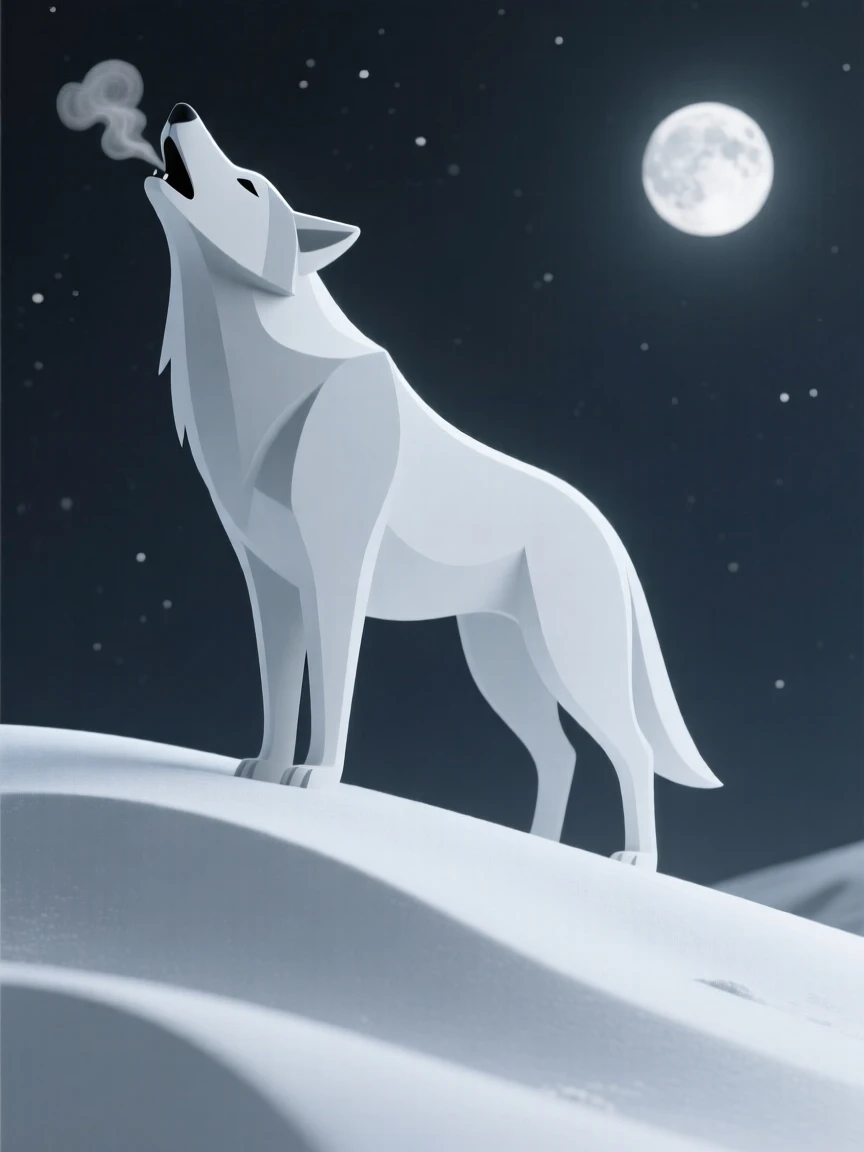 A majestic wolf howls atop a snowy ridge, breath visible in the frosty moonlit air.