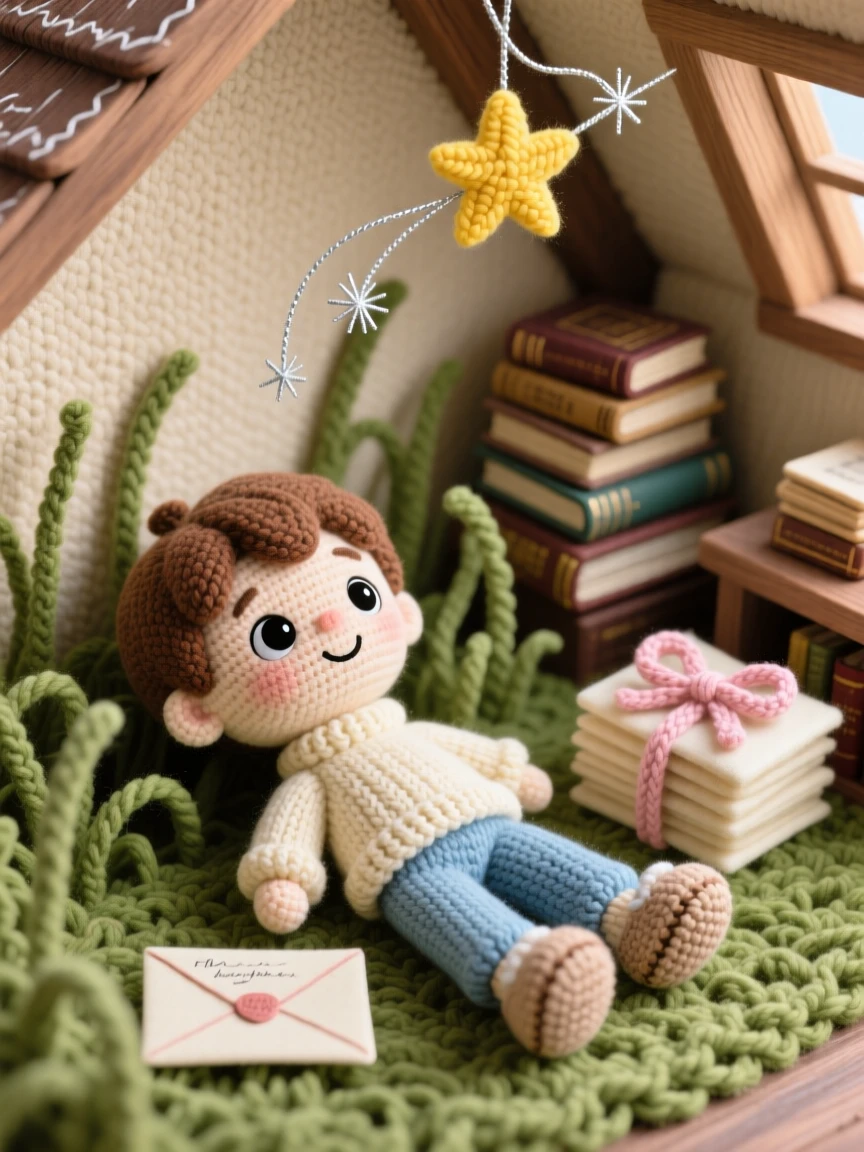 a young stargazer boy, lying on his back in tall grass, counting shooting stars with delight, in a snug attic study filled with old books, with a stack of handwritten letters tied with ribbon nearby, conveying a nostalgic, storybook warmth.