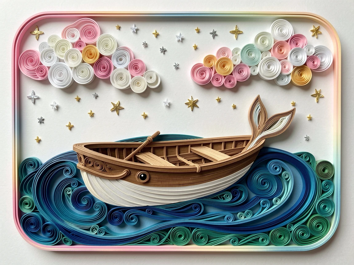 a rowboat sailing across a pond shaped like a smiling whale, beneath a sky full of fluffy cotton-candy clouds, framed with soft rounded borders like a picture book page, with a sprinkle of twinkling stars overhead.