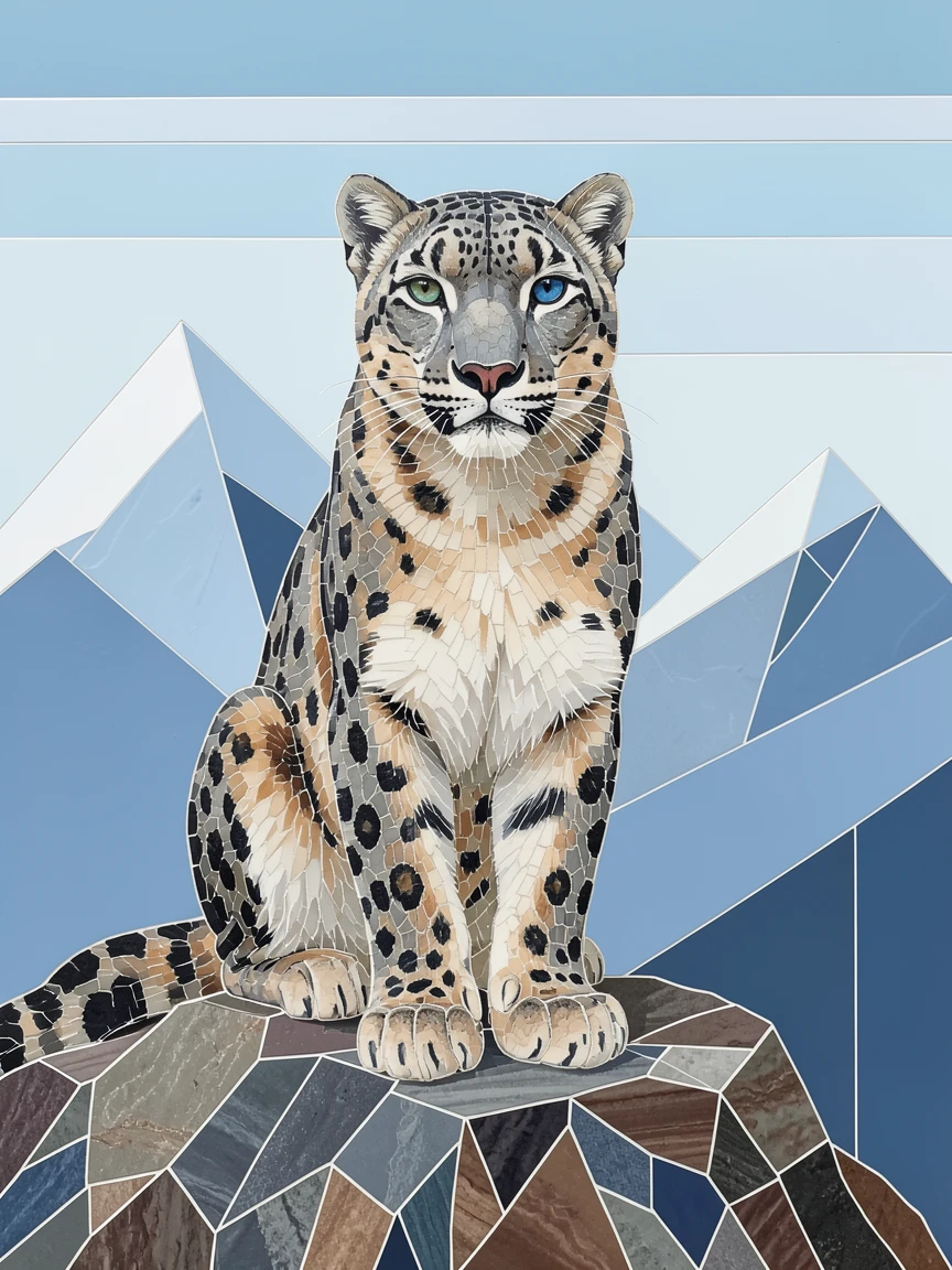 A close-up portrait of a snow leopard perched on a rocky Himalayan cliff, showing rich fur or feather detail and expressive eyes.