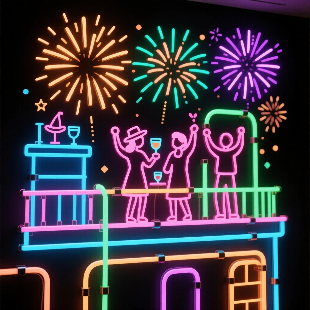 A New Year's Eve rooftop gathering with fireworks bursting overhead.