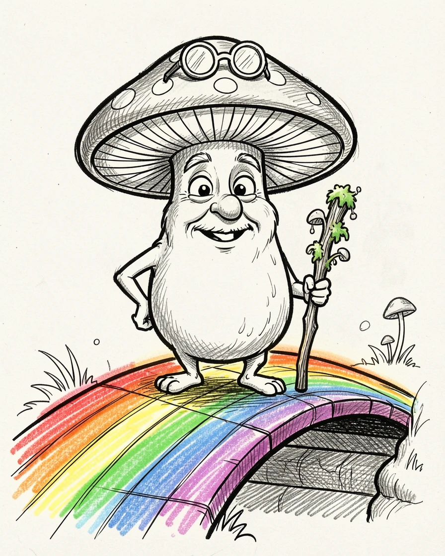 A talking mushroom village elder on a bridge made of rainbow light.