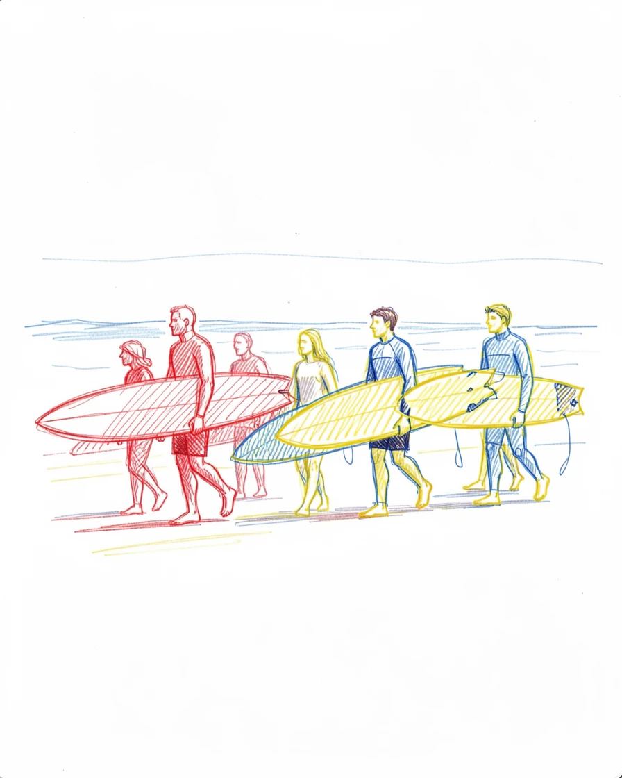 A group of surfers walking toward the ocean with boards under their arms