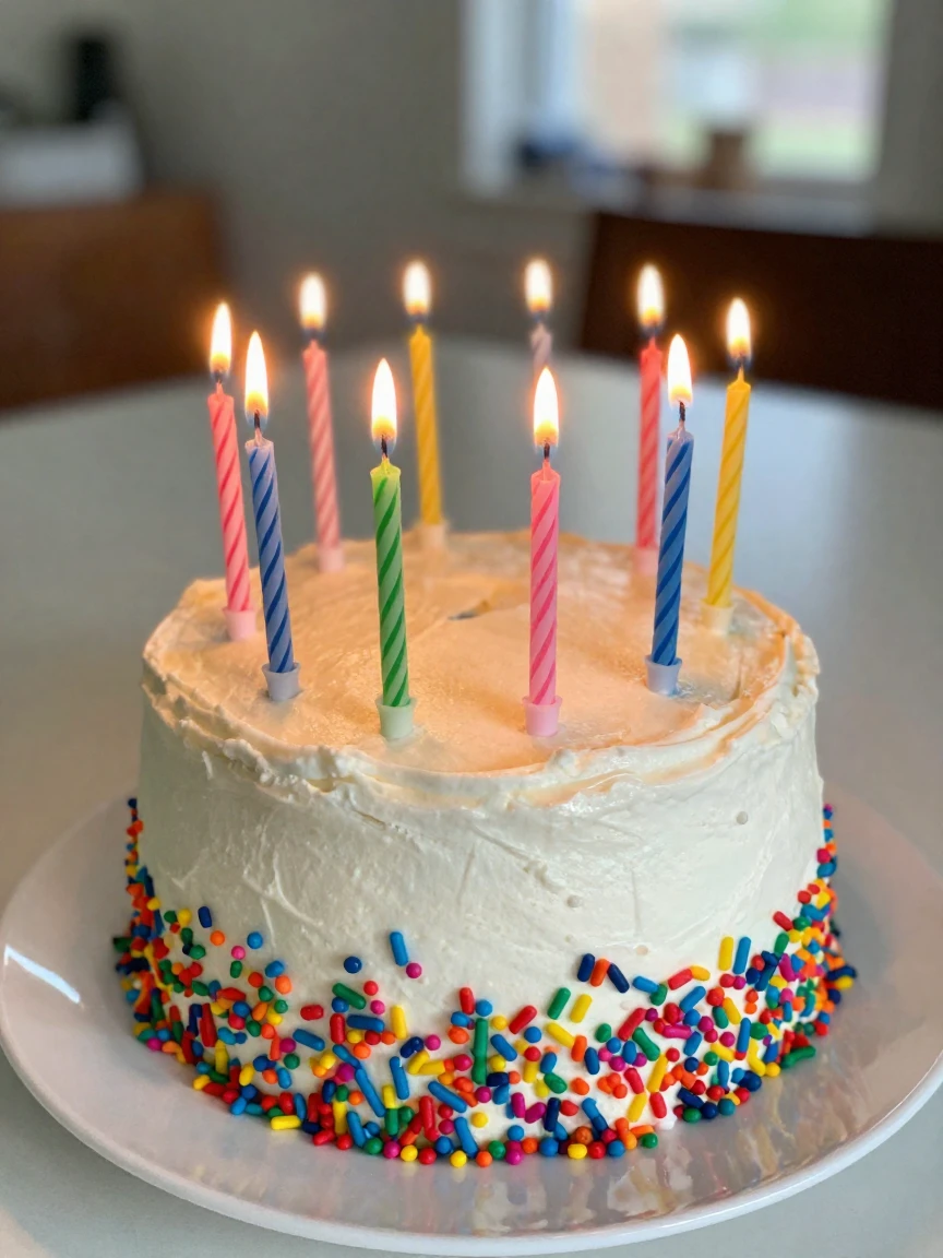 A birthday cake covered in colorful sprinkles and candles