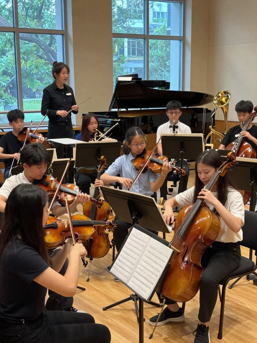 A high school orchestra tunes instruments together before a spring concert.
