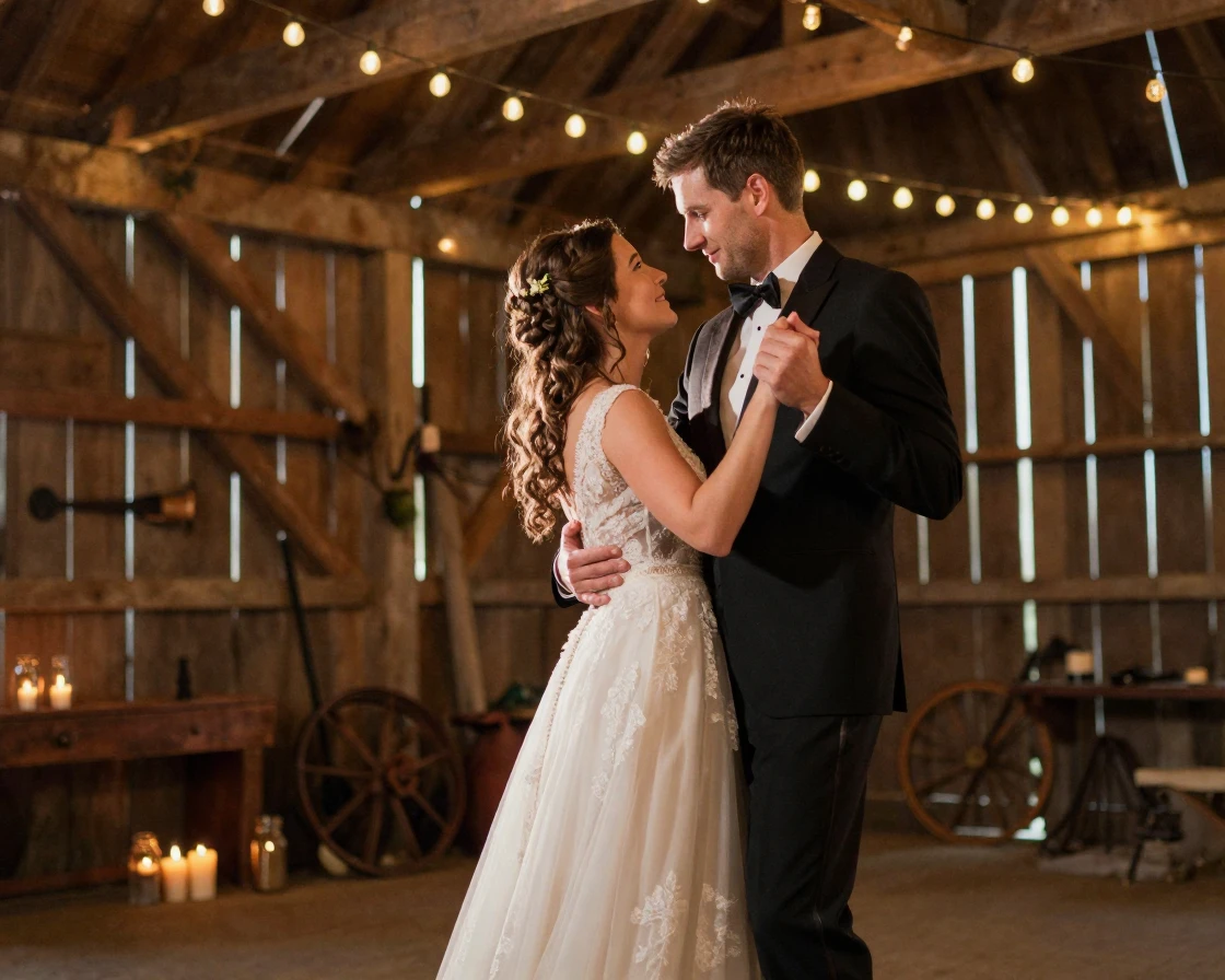 A bride and groom sharing their first dance under strings of lights in an old barn