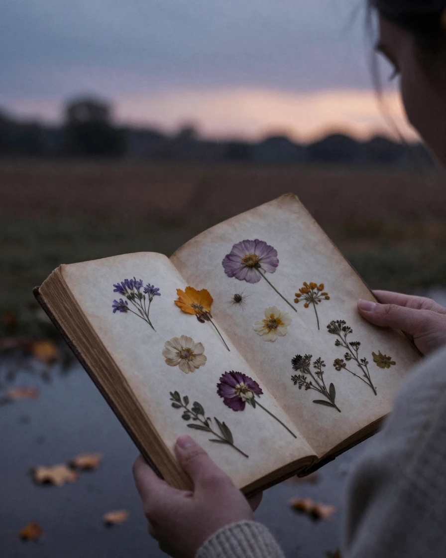 A collection of pressed flowers arranged inside an old book, in the last light of dusk, just after a rain shower, with puddles reflecting the sky, in the mild days of early autumn, with stark black-and-white contrast softened by a single warm hue, over the shoulder of the main subject.