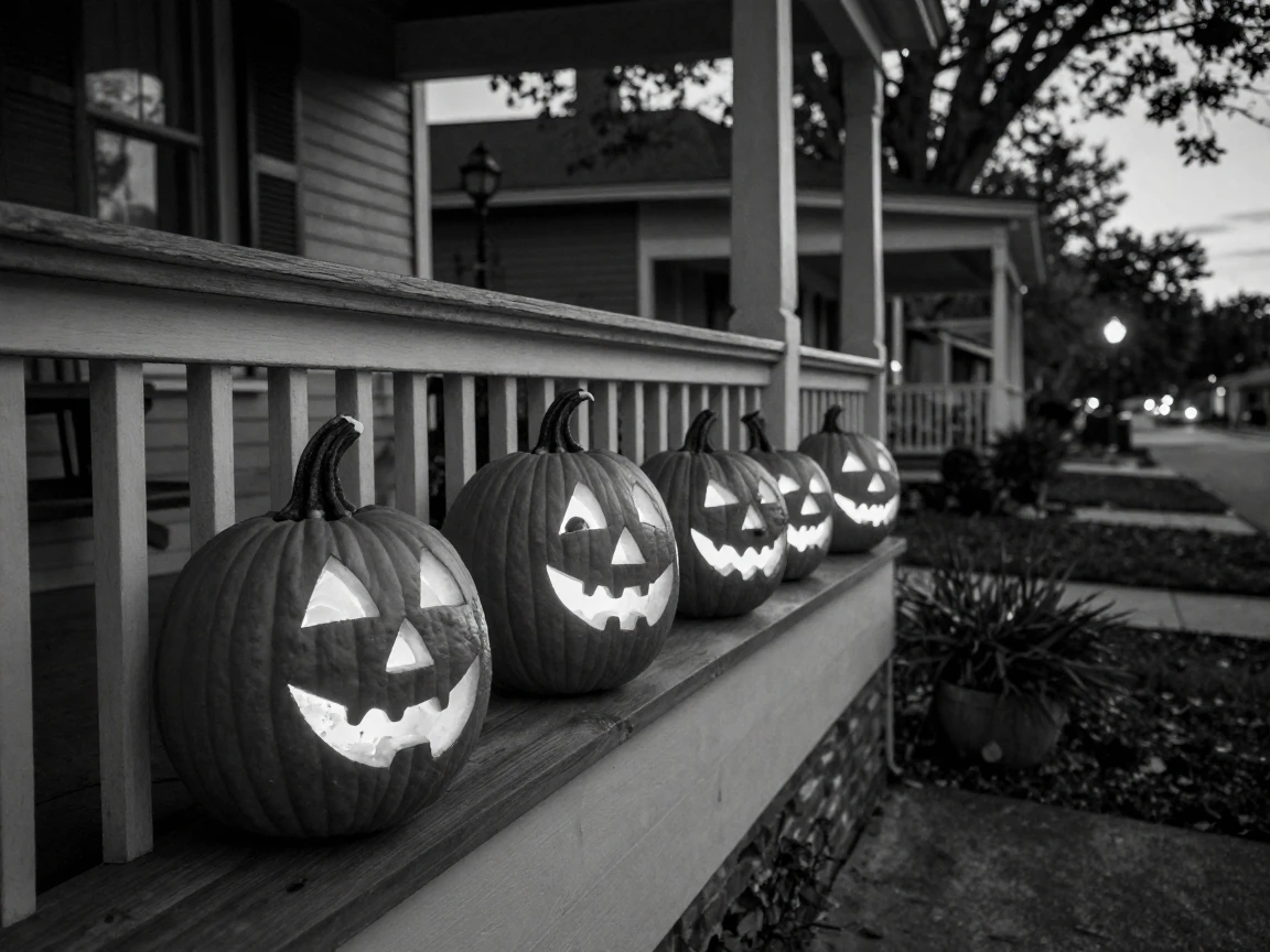 A row of jack-o-lanterns glows along a porch railing along a quiet suburban street.