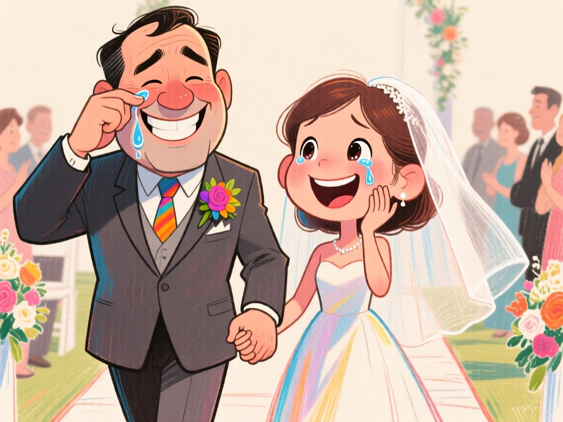 A father walking his daughter down the aisle, both dabbing away happy tears.