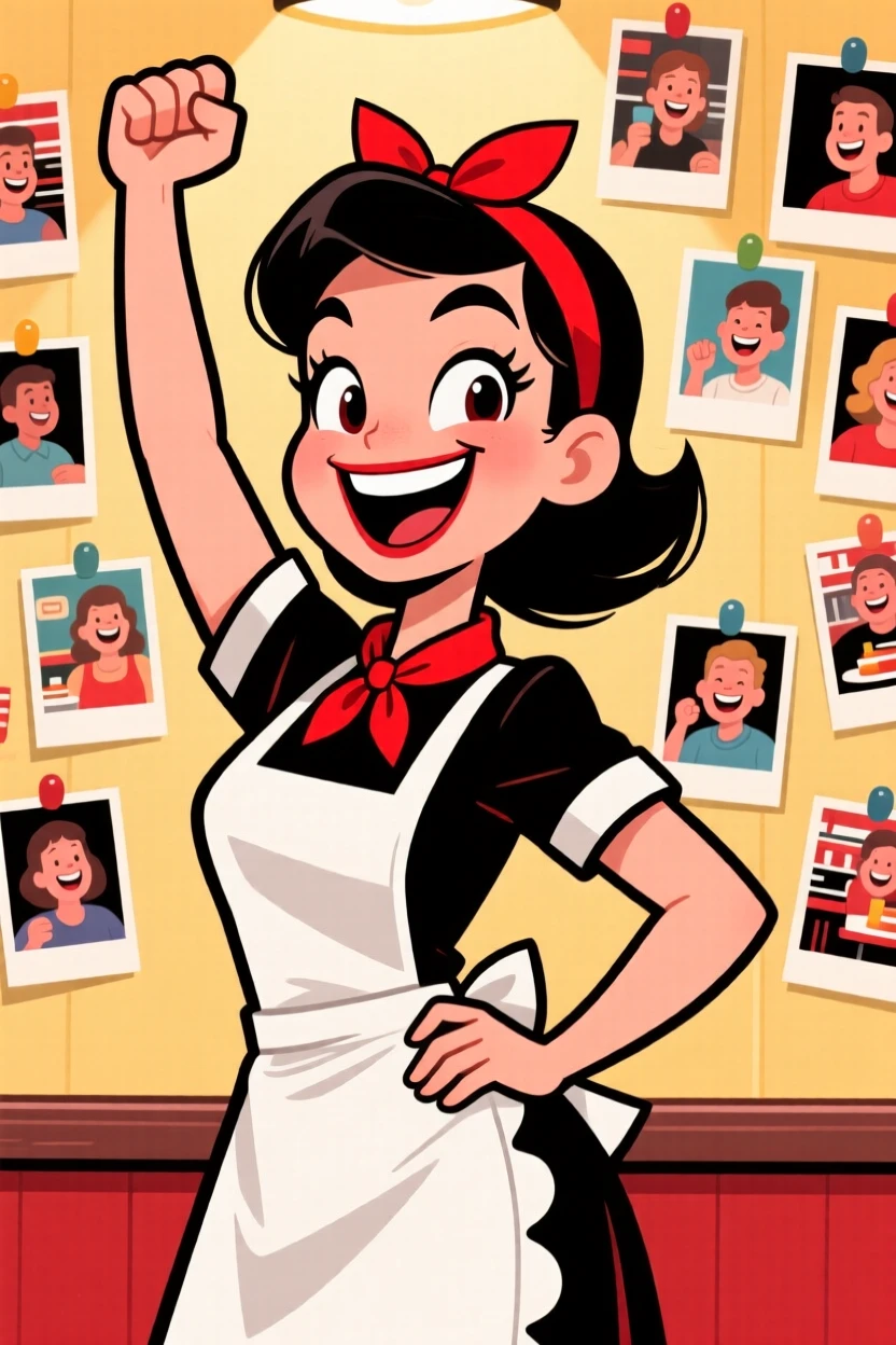 A charming portrait of a sassy waitress, grinning ear to ear while striking a triumphant pose, standing before a wall covered in cheerful photographs.
