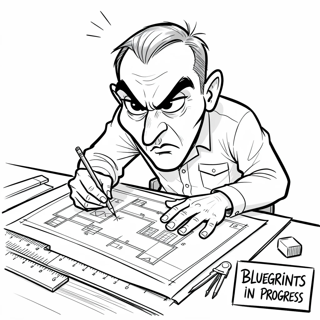 [Occupations & Hobbies] Detailed scene of a determined architect studying blueprints spread across a table, showcasing skill and dedication