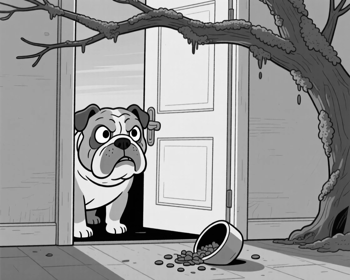 A stubborn bulldog refusing to move from a doorway, peeking out with only its eyes visible, set on a mossy tree branch at dusk. A food bowl sits tipped over and empty. There's something deeply endearing about the little chaos.
