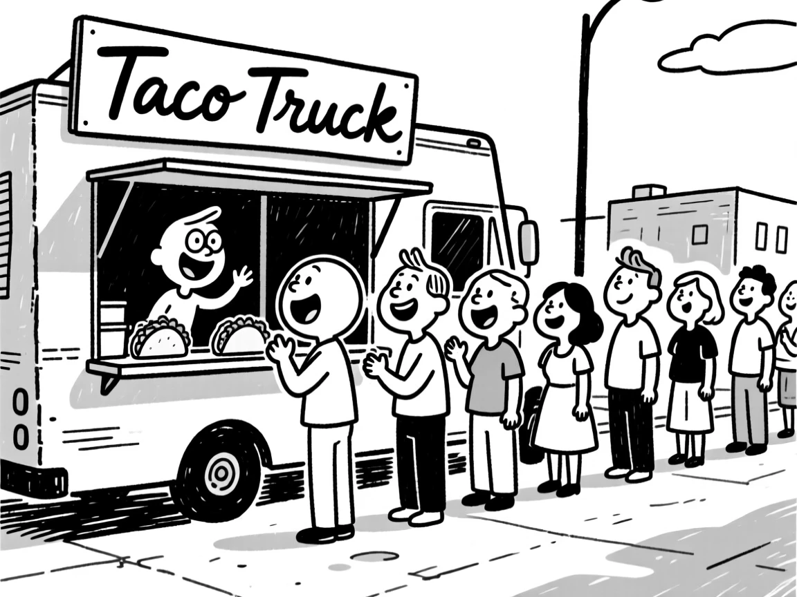 A food truck serving up tacos to a line of hungry customers on a sunny street.