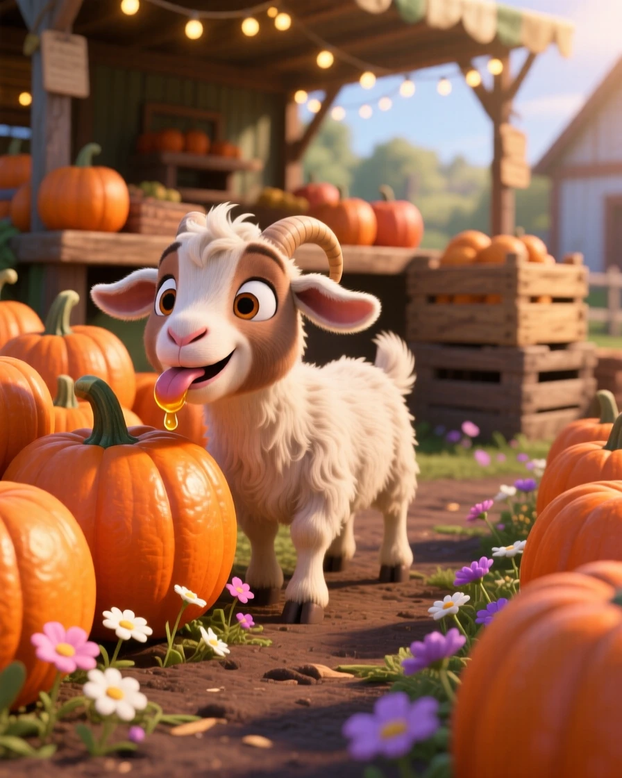 A small pygmy goat is hiding among rows of pumpkins at a farm stand, licking a drop of honey off its nose. Playful joy radiates from the small creature, with a scattering of small flowers around it.