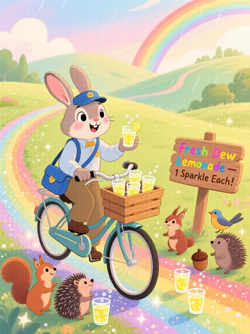 In a land where every path is a rainbow, a rabbit postman on a bicycle spends the day selling tiny cups of dew as lemonade, as gentle sparkles settle over the scene.