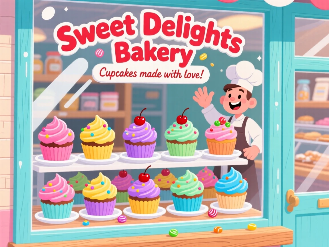 A bakery window filled with colorful frosted cupcakes.
