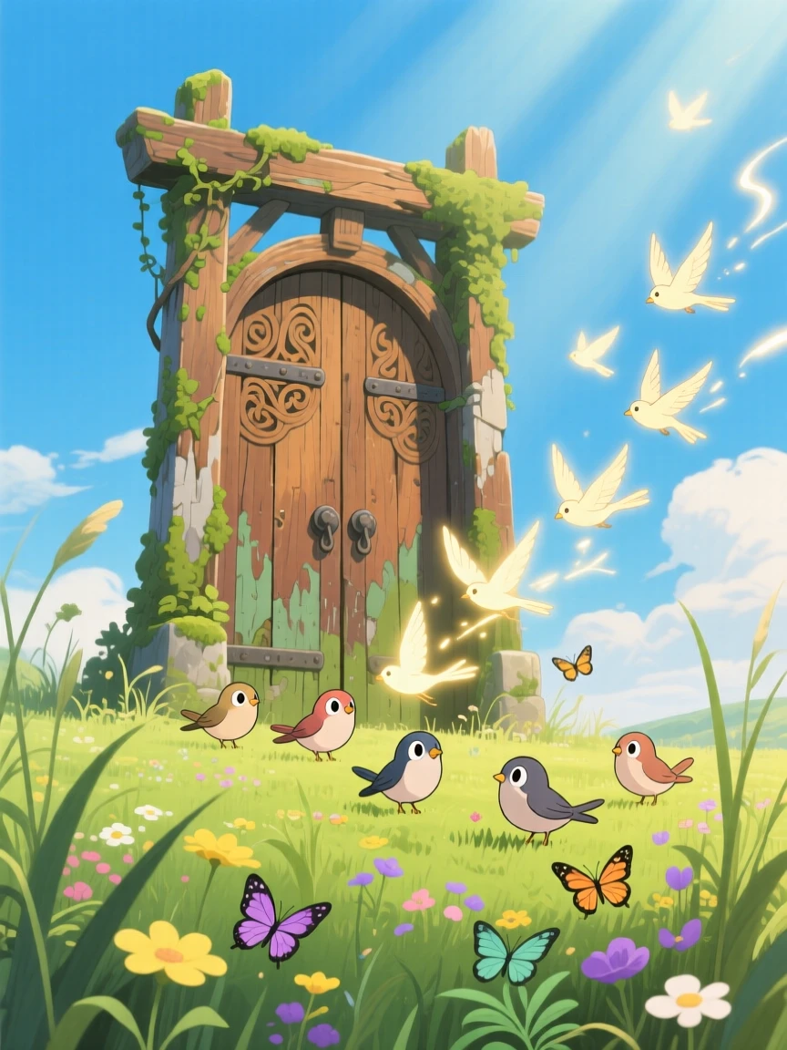 A portal shaped like an old wooden gate standing alone in a meadow, where a flock of luminous birds trailing light behind them can be seen nearby, the atmosphere magical and full of wonder.