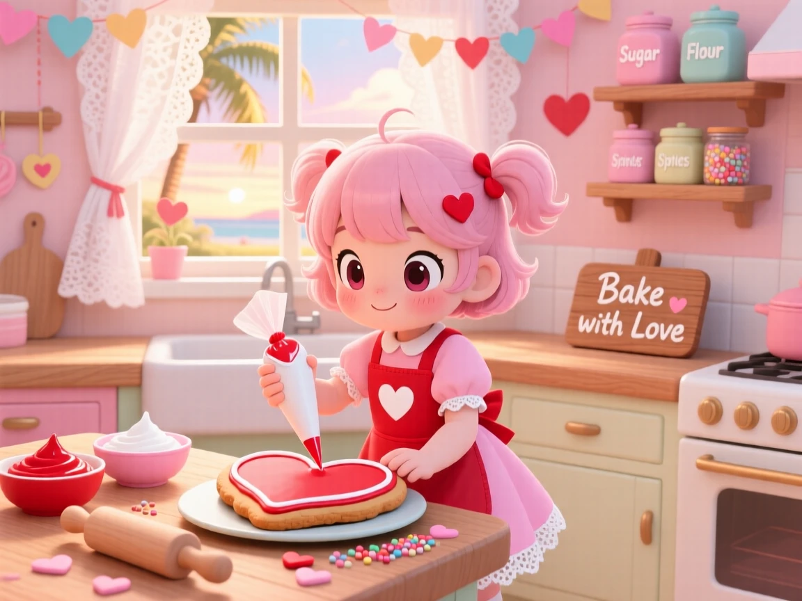 Full-body shot: a little girl, decorating a heart-shaped cookie, set against a cozy Valentine's Day kitchen on a warm tropical afternoon, with soft pastel light of dawn and a mood of delighted joy.
