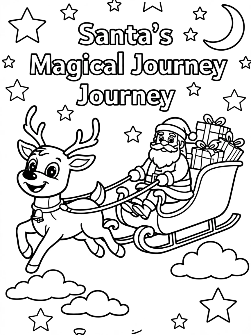 A reindeer pulling Santa's sleigh through a starry night