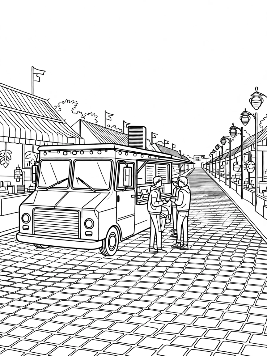A food truck parked at a bustling night market, with cobblestone streets stretching into the distance.