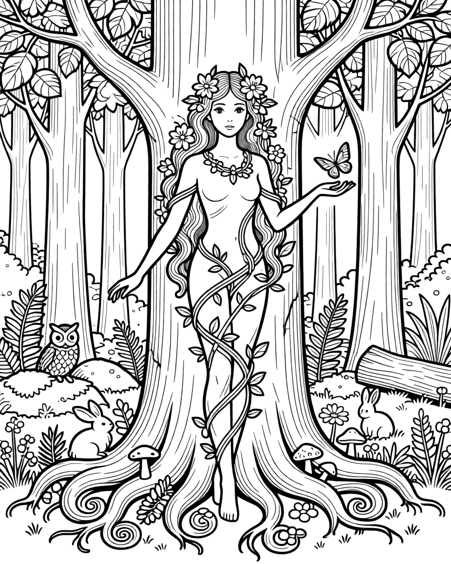 A forest spirit made of vines and flowers emerging from a tree.