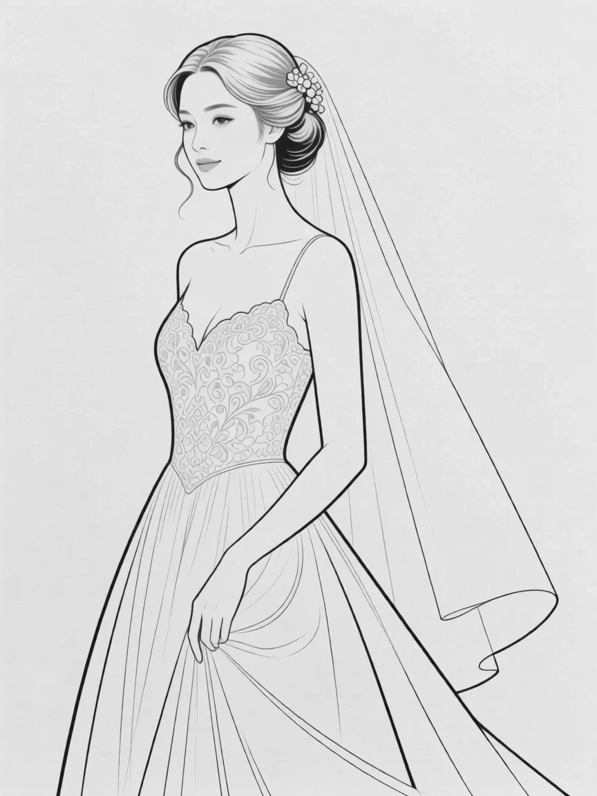 A portrait of a bride in a flowing wedding gown