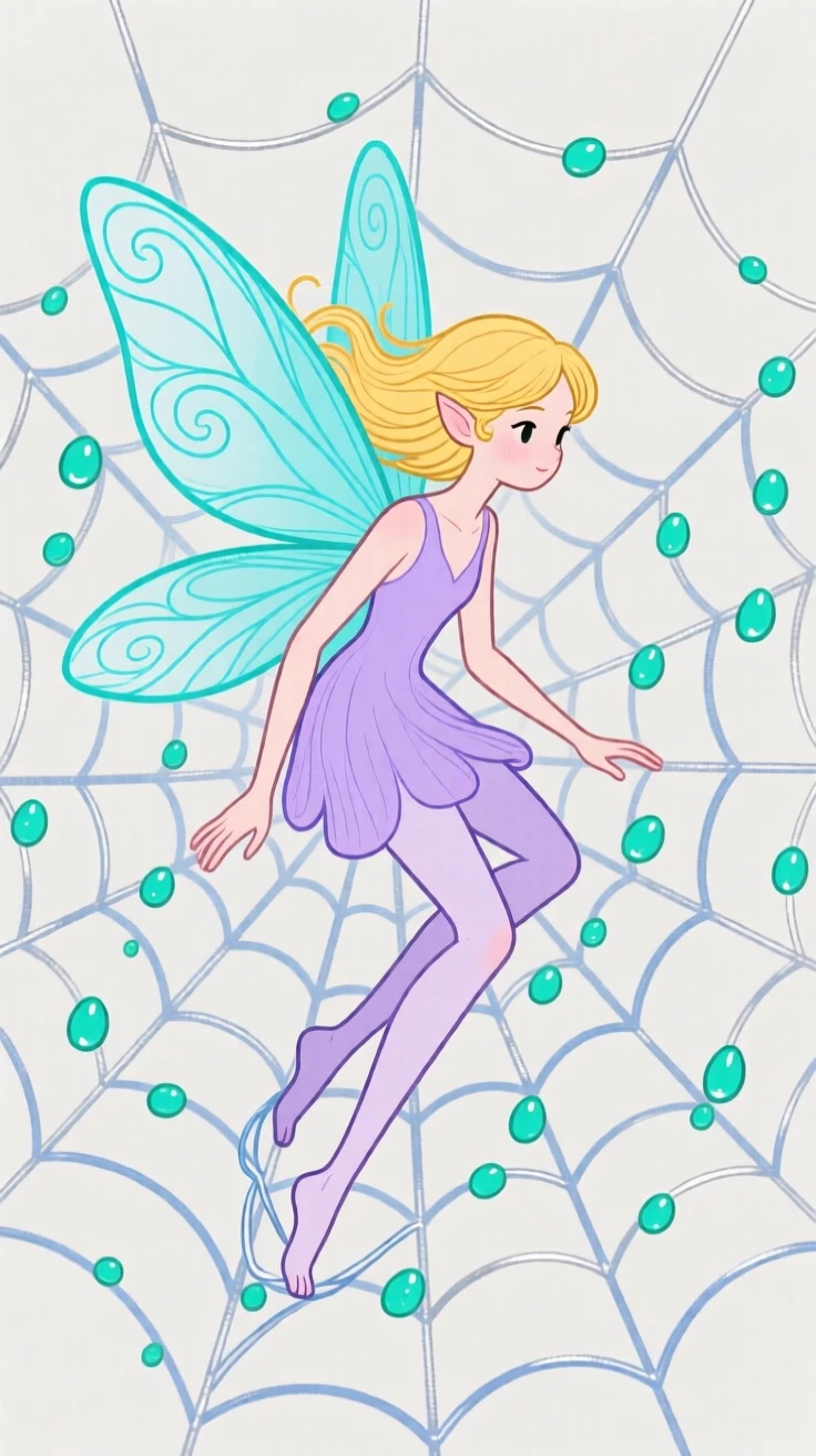 A pixie perched on a dewdrop-covered spider web.